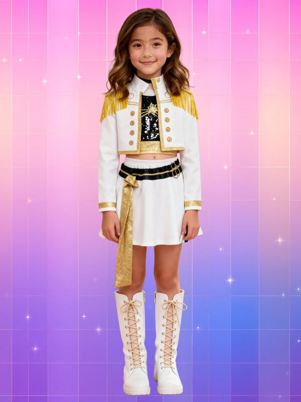 Une jeune fille typée asiatique portant un déguisement Kpop Demon Hunters Mira version Golden noir, blanc et doré, se tenant droite et les bras le long du corps, sur un fond artificiel coloré avec un gradient allant du rose au violet