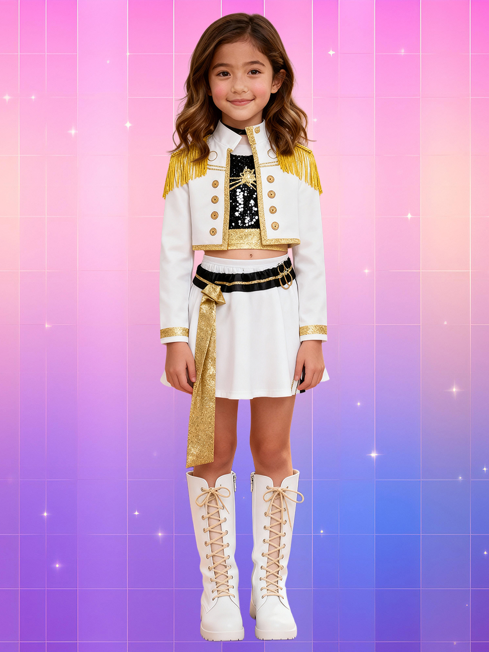 Une jeune fille typée asiatique portant un déguisement Kpop Demon Hunters Mira version Golden noir, blanc et doré, se tenant droite et les bras le long du corps, sur un fond artificiel coloré avec un gradient allant du rose au violet