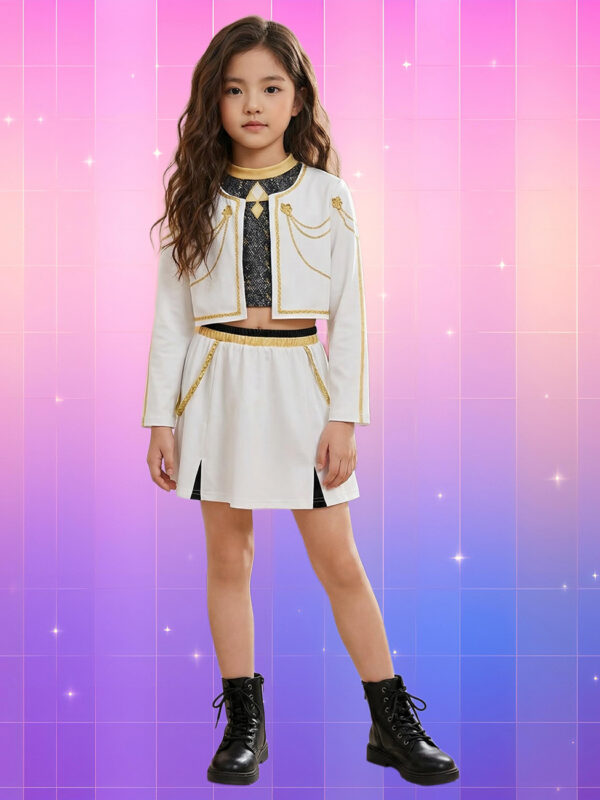 Une jeune fille typée asiatique portant un déguisement Kpop Demon Hunters Zoey version Golden noir, blanc et doré, se tenant droite et les bras le long du corps, sur un fond artificiel coloré avec un gradient allant du rose au violet