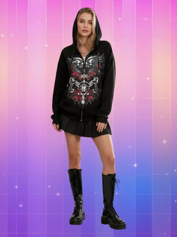 Fille en Hoodie zippé style Y2K influence coréenne moderne, jupe plissée noire, fond rose violet pixelisé avec étoiles brillantes.