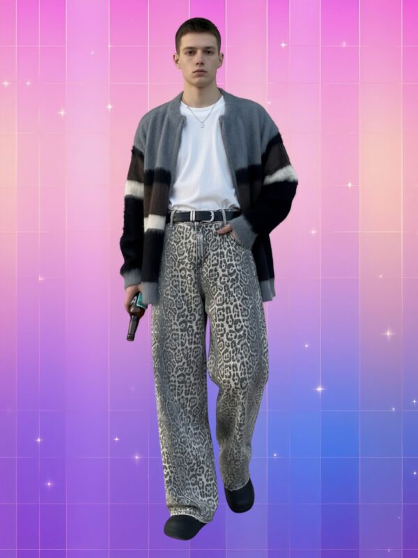 Jeune homme caucasien portant un jean panthère homme style Y2K, coupe large imprimée et look streetwear sur fond rose violet.