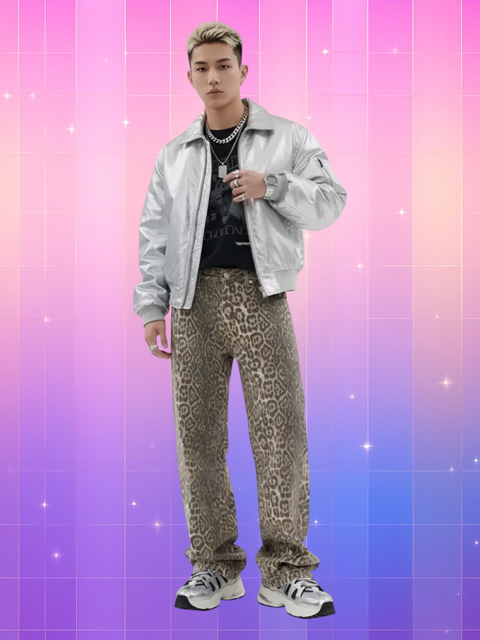 Jeune homme asiatique en jean style Y2K imprimé panthère, coupe oversize, veste argentée et look street affirmé sur fond rose violet.