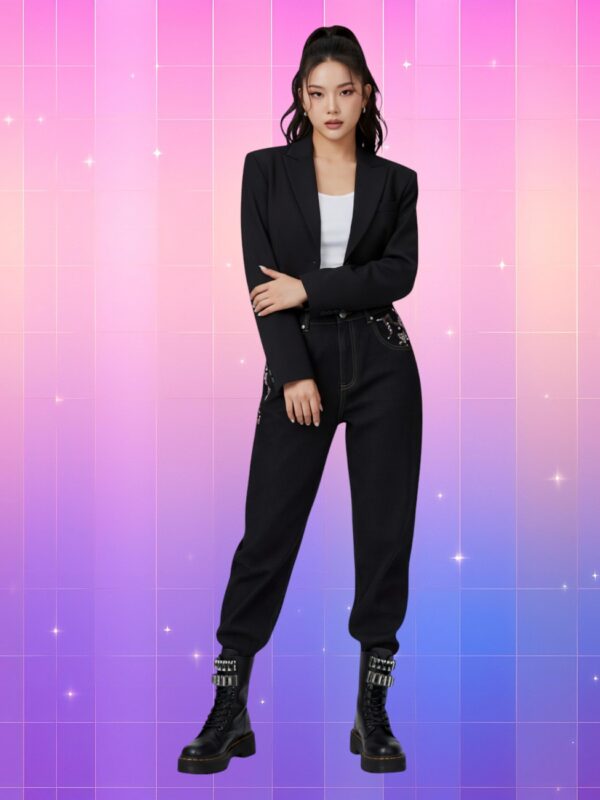 Une femme coréenne en jean unisexe style Y2K broderie sakura, blazer noir, bottes montantes, fond rose violet pixelisé avec étoiles brillantes.