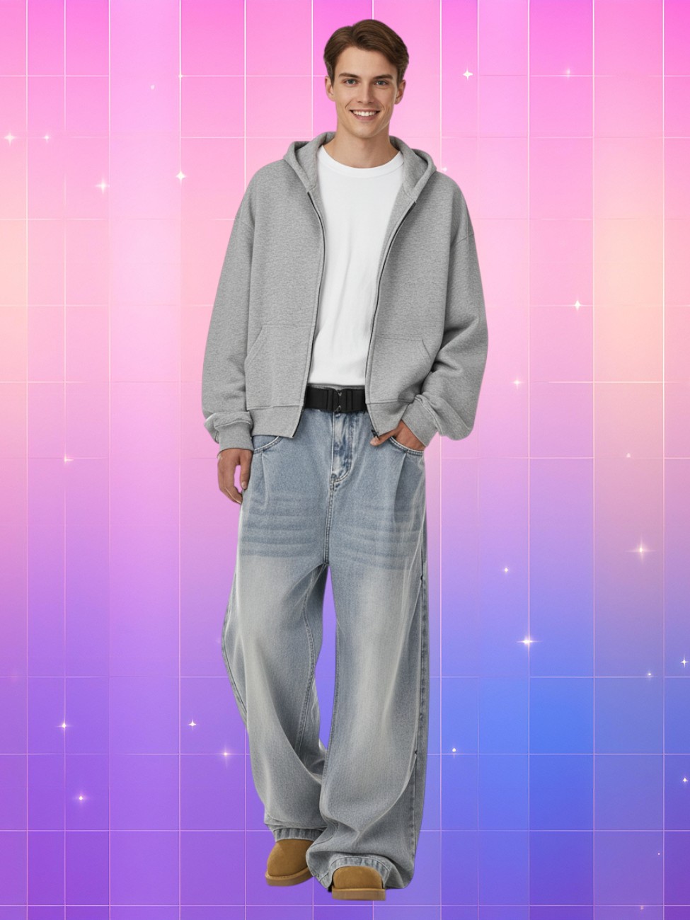 Jeune homme caucasien porte un jean wide leg bleu clair Y2K oversize, look skateur urbain avec veste camouflage et lunettes miroir sur fond rose pixelisé.