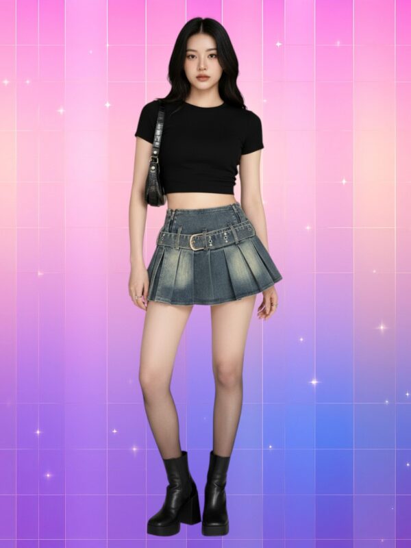 Femme portant une jupe en jean style Y2K taille ceinturée valorisante, debout sur fond rose violet à effet pixel étoilé.