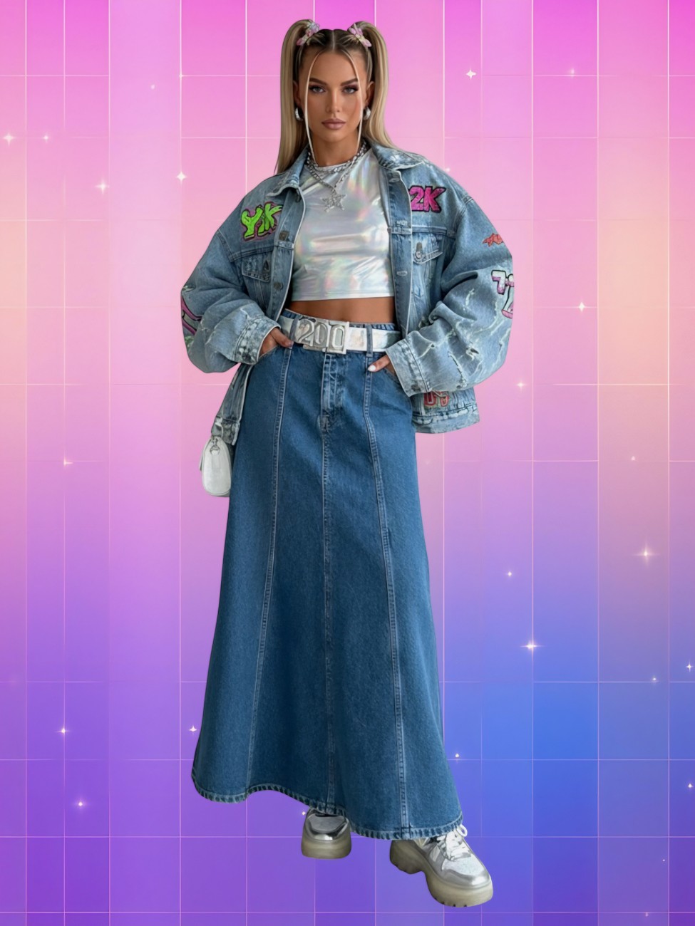 Femme en jupe longue en jean bleu Y2K tendance rétro, veste en denim oversize et crop top holographique sur fond rose violet.