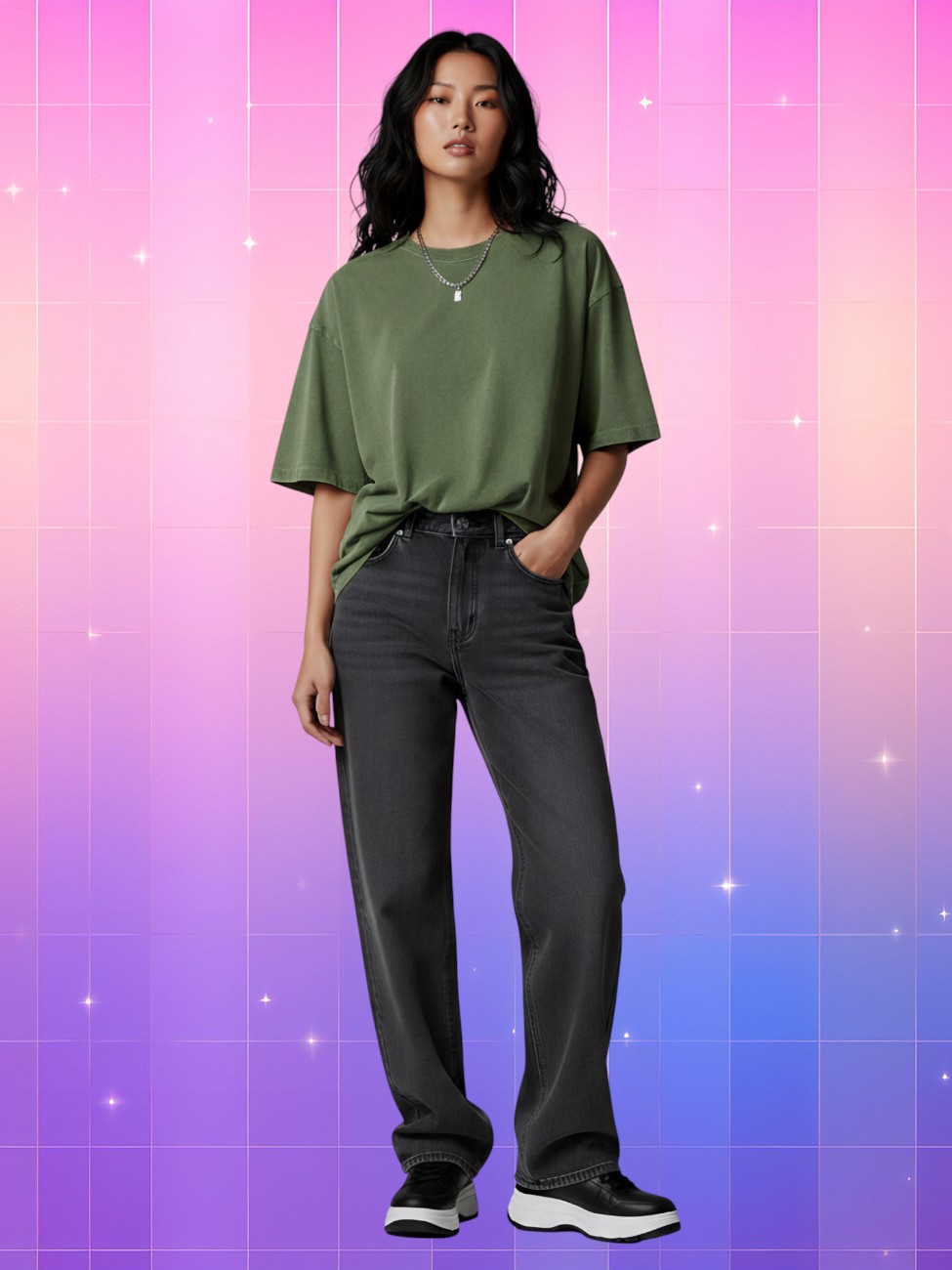 Femme type asiatique au look décontracté portant un t-shirt femme style Y2K oversize vintage vert et un jean foncé, fond rose violet dégradé.