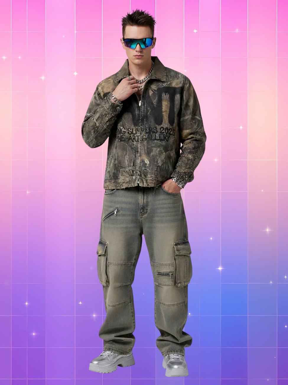 Un homme caucasien porte la veste style Y2K effet délavé caractère distinctif, avec lunettes futuristes et look urbain marqué.