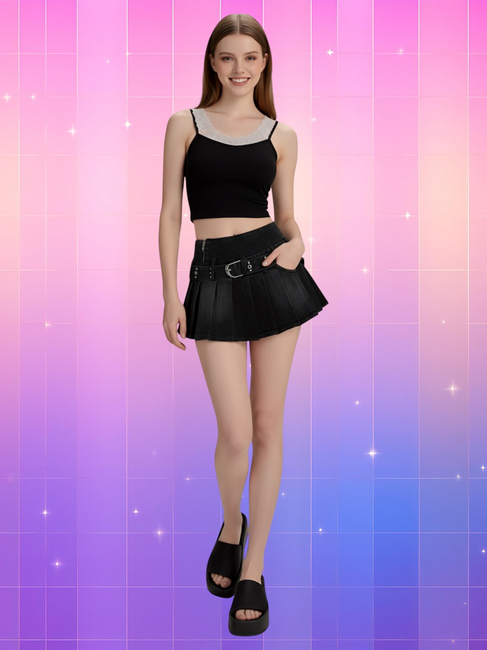 Femme caucasienne souriante porte la jupe denim style Y2K plissée noire sculptante, avec un débardeur et des sandales noires épaisses sur fond rose-violet pixelisé.