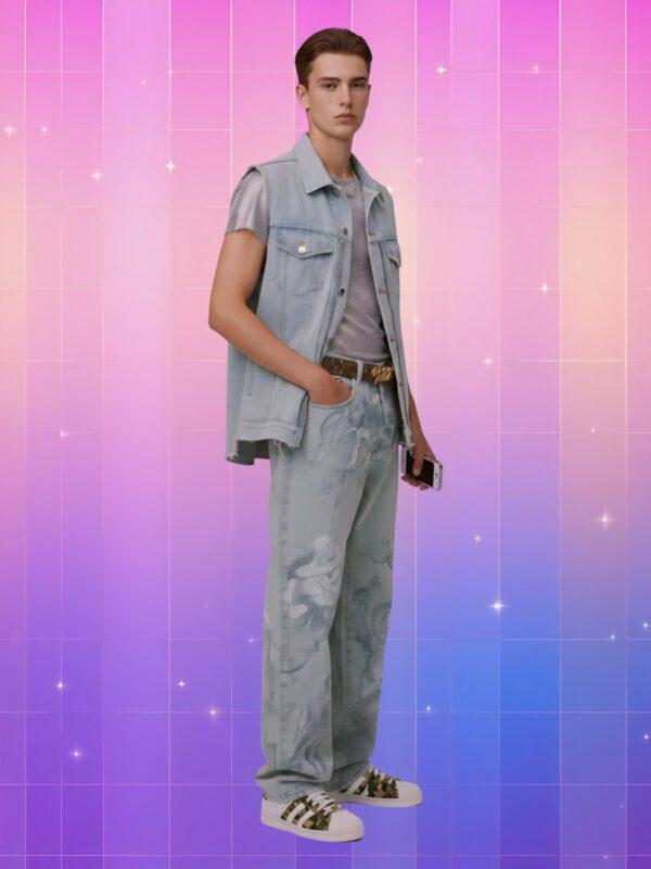Homme caucasien habillé avec le jean homme bleu clair imprimé anges style Y2K, coupe large et look rétro sur fond rose et violet dégradé.
