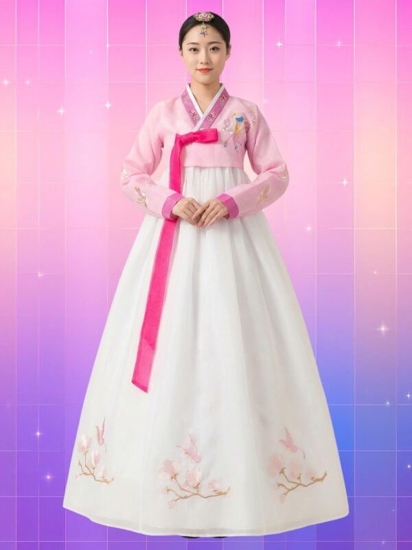 Femme portant un hanbok composé d’un jeogori rose brodé à manches longues, noué par un otgoreum fuchsia, et d’une chima blanche ample brodée de fleurs et d’oiseaux, fond rose-violet poétique.