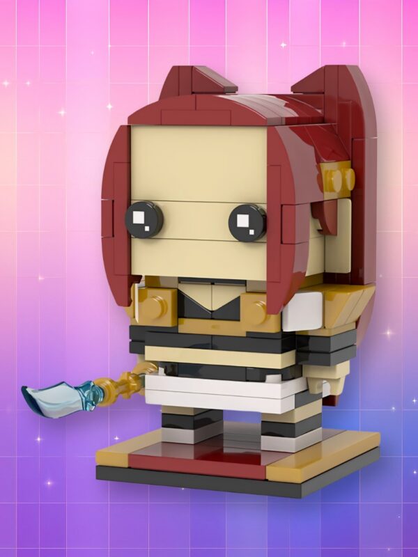 Un jeu Kpop Demon Hunters représentants des blocs de construction assemblés, formant une version lego de Mira, sur un fond artificiel coloré avec un gradient allant du rose au violet.