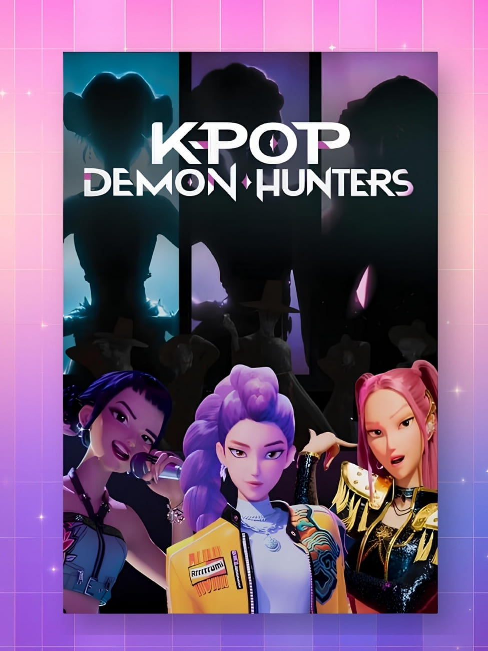 Poster Kpop Demon Hunters Mira Rumi et Zoey sur le bas de l'affiche et leurs ombres sur la partie haute avec le titre du film. Sur fond dégradé de rose à violet.