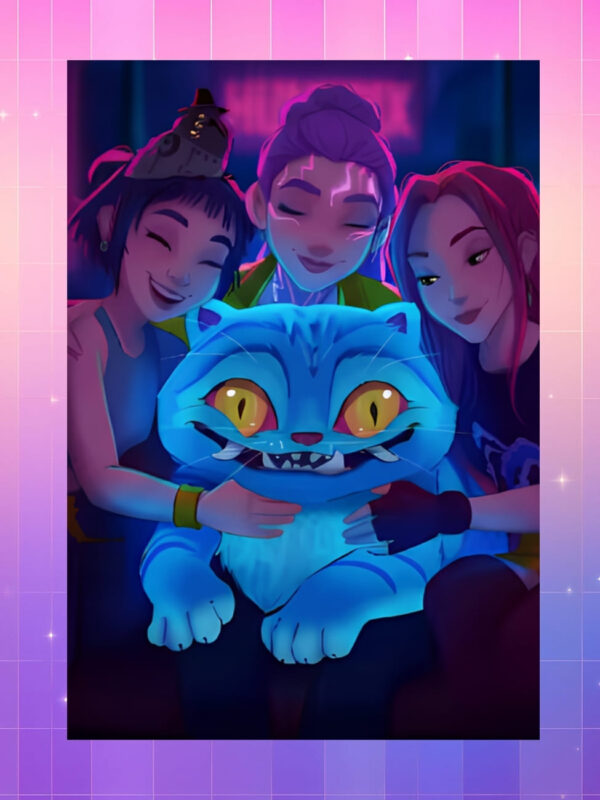 Poster Kpop Demon Hunters avec Derpy lumineux et les 3 héroïnes derrière. Sur fond dégradé de rose à violet.