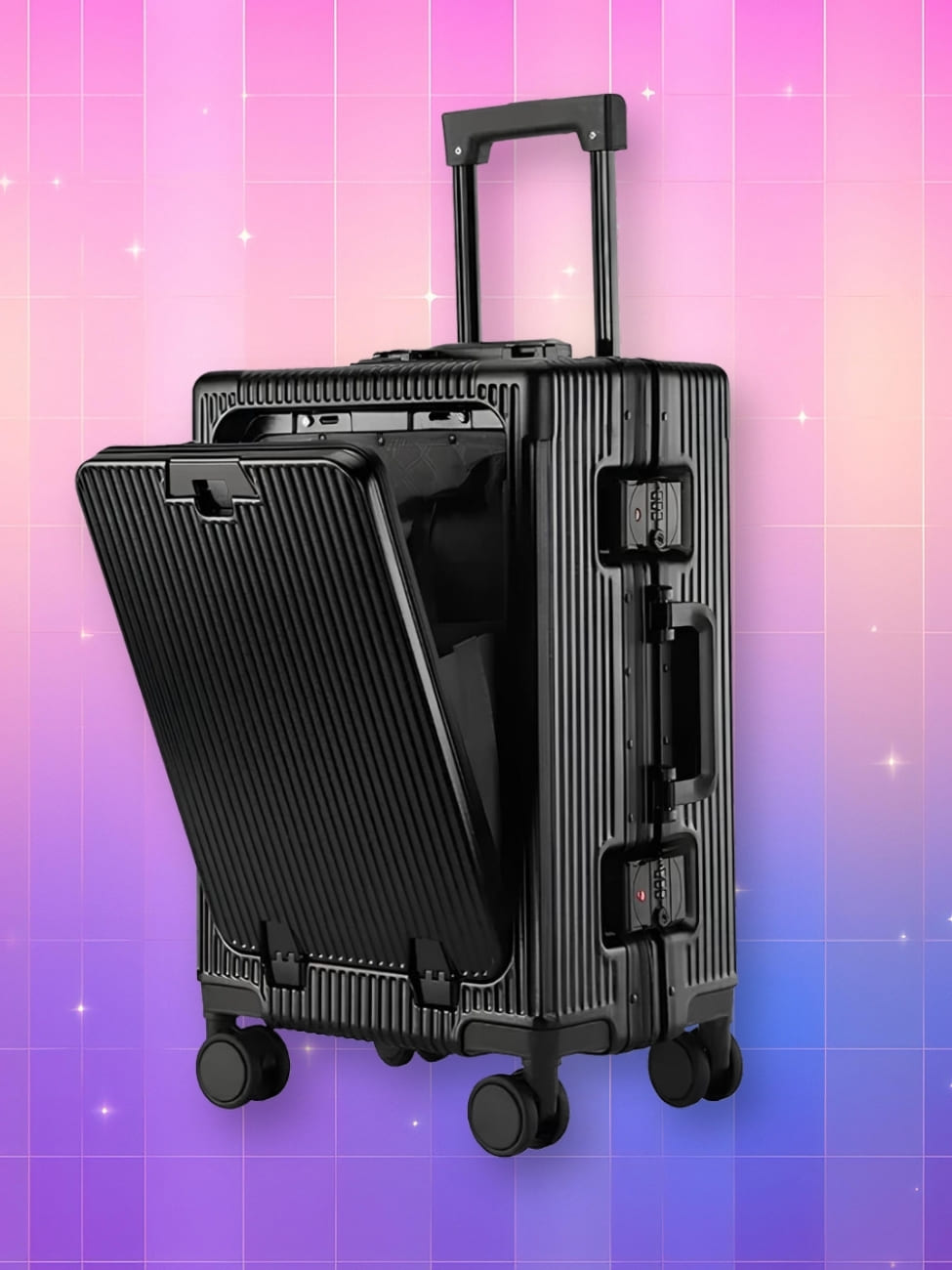 Valise coréenne à roulettes avec ouverture frontale et poignée. De couleur noire avec une fermeture à codes. Sur fond dégradé de rose à violet.