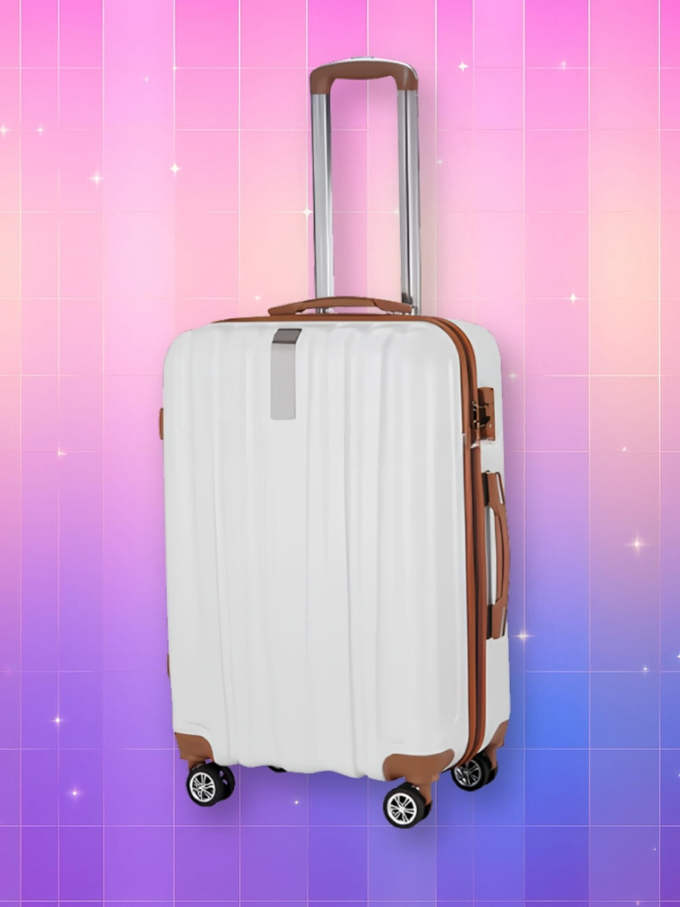 Valise coréenne coque rigide blanche en ABS avec la couture, la poignée et les angles marrons. Avec roulettes sur fond dégradé de rose à violet.