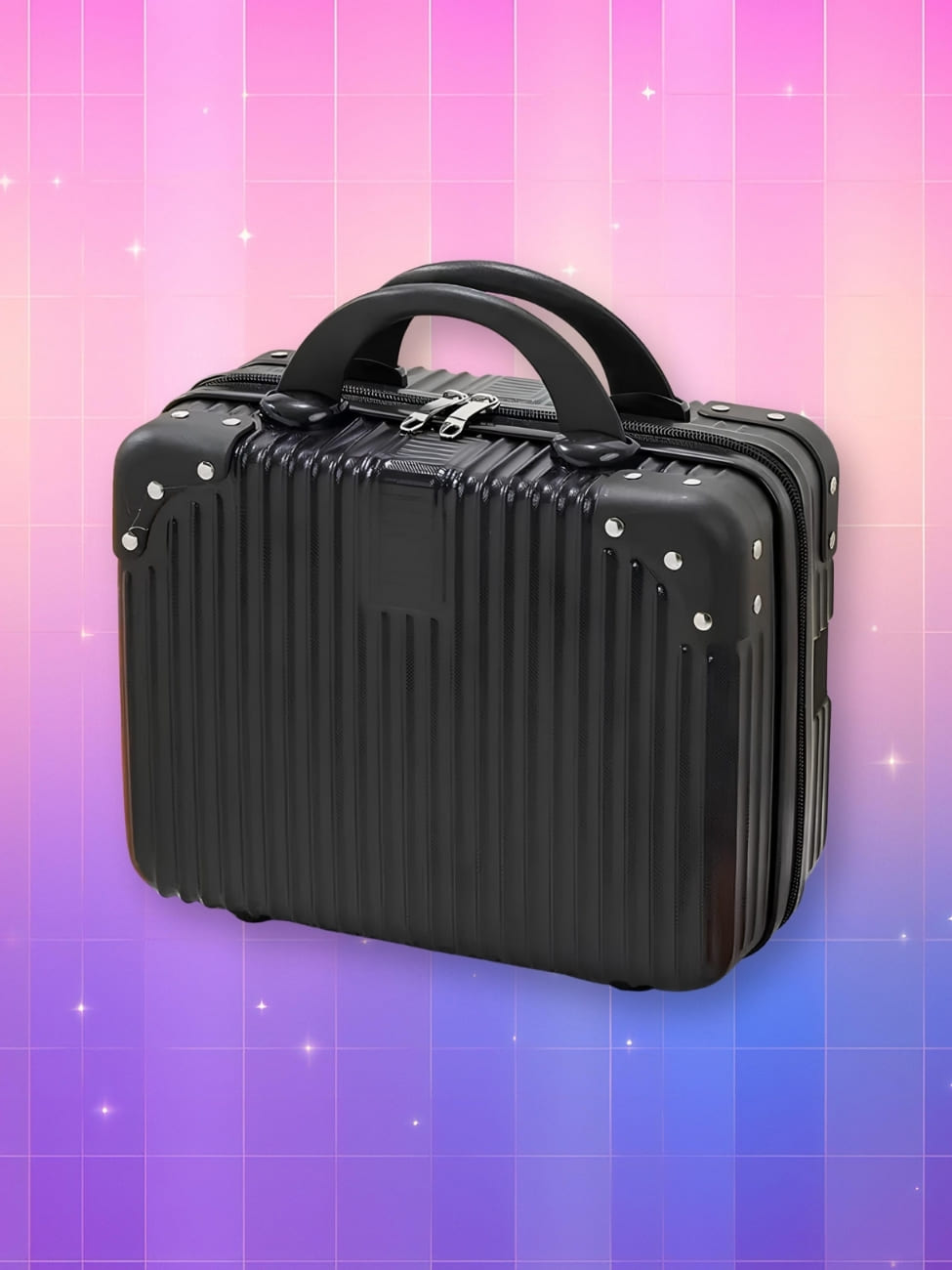 Valise coréenne petit format de couleur noire avec les angles renforcés sur fond dégradé de rose à violet.