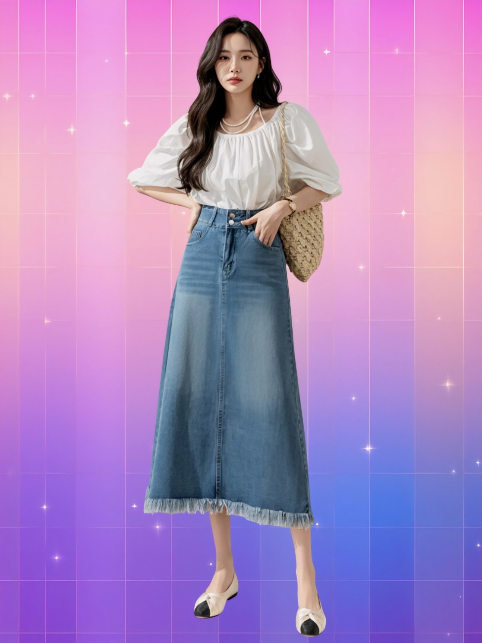 Femme portant une jupe longue en jean à franges, avec un haut blanc bouffant, sur fond rose-violet à effet étoilé.