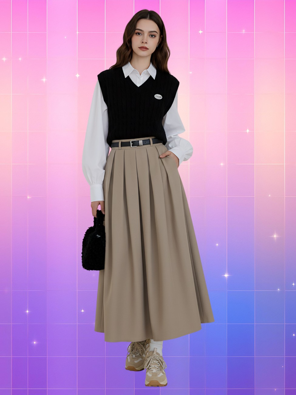 Femme portant la jupe plissée longue coréenne taille haute, look chic avec gilet noir, chemise blanche et baskets.