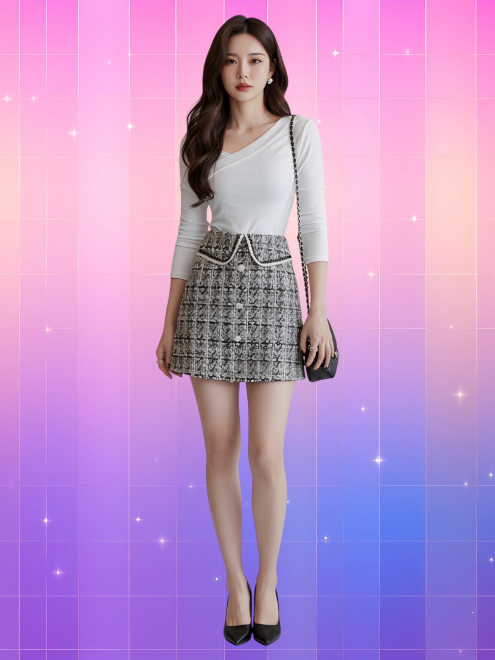 Femme portant la Jupe tweed coréenne taille haute V chic perlée avec un haut blanc, escarpins noirs et sac chaîne, sur fond rose à violet étoilé.