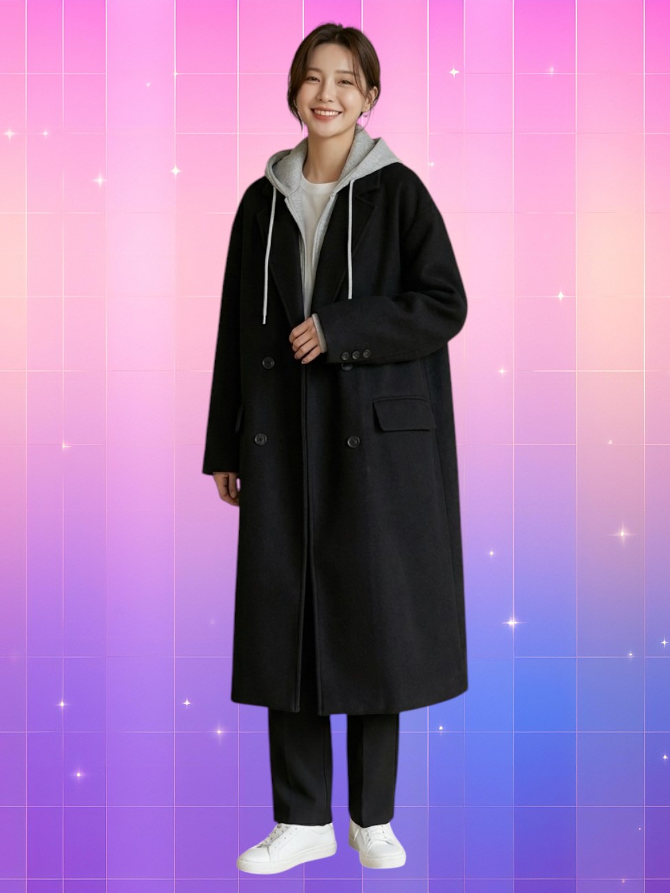 Femme asiatique souriante en manteau coréen femme long avec capuche style urbain noir, sur hoodie gris, pantalon droit et baskets blanches, sur fond rose-violet moderne.