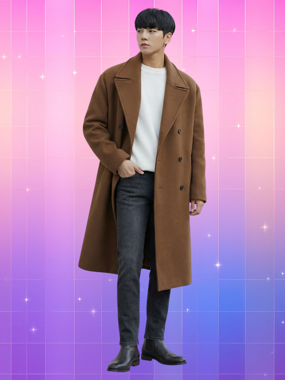 Un homme porte le manteau coréen homme laine longue coupe élégante : manteau marron long, coupe droite, col large, avec jeans et bottines noires.