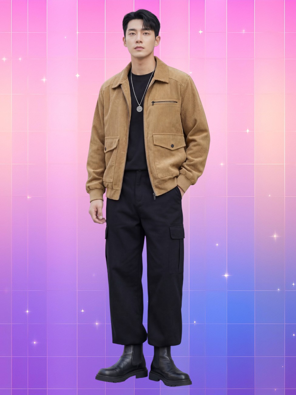 Homme debout portant le manteau coréen homme velours côtelé esprit utilitaire élégant, en veste camel texturée, avec pantalon noir et bottes, sur fond rose-violet.