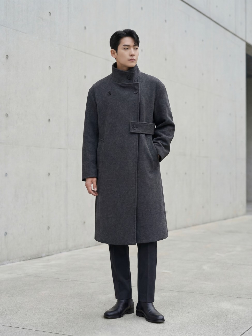 Manteau coréen long col montant signature – Image 7