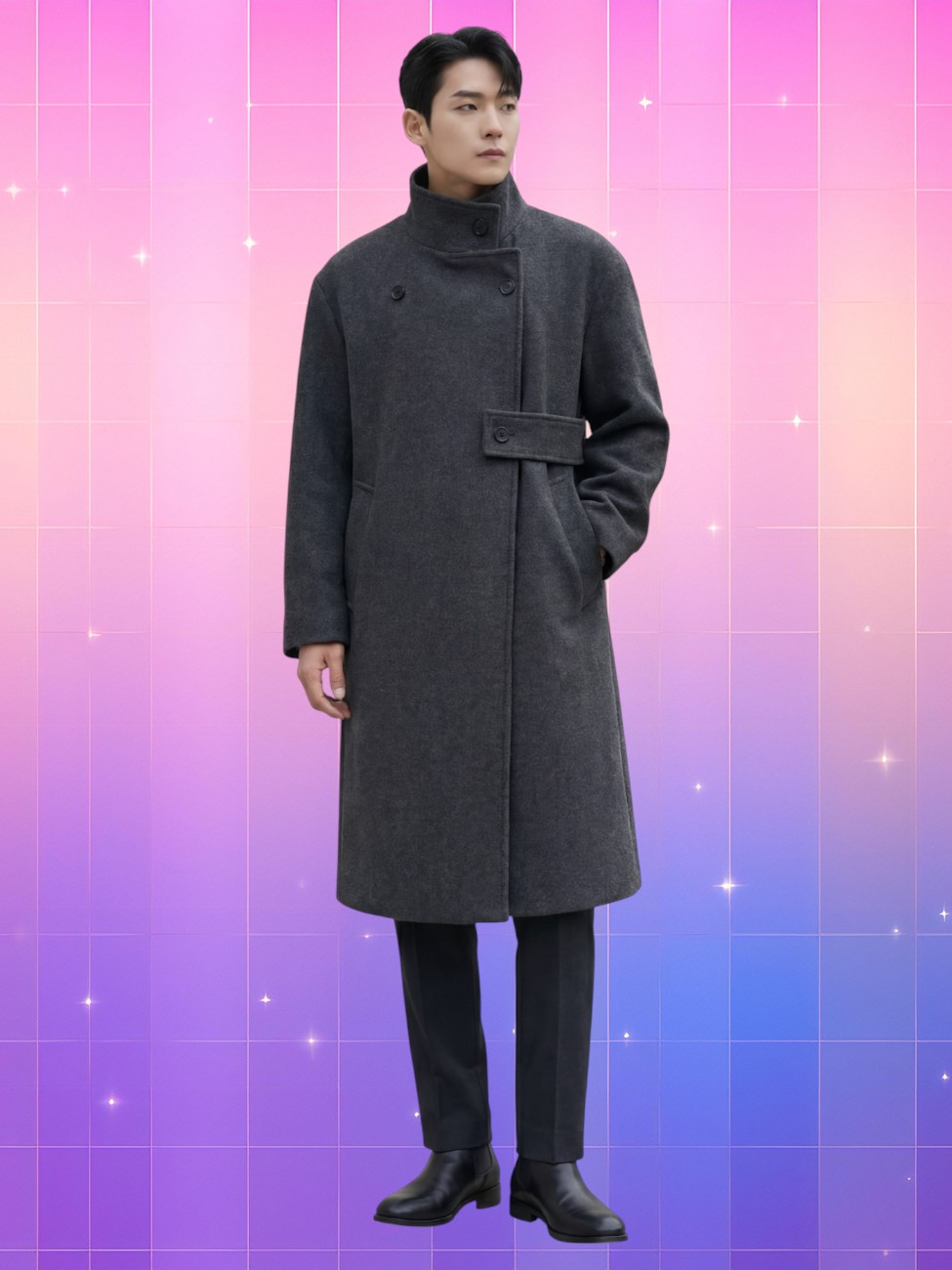 Homme coréen debout portant le manteau coréen long col montant signature gris anthracite, coupe droite longue et col haut, sur fond rose et violet quadrillé.