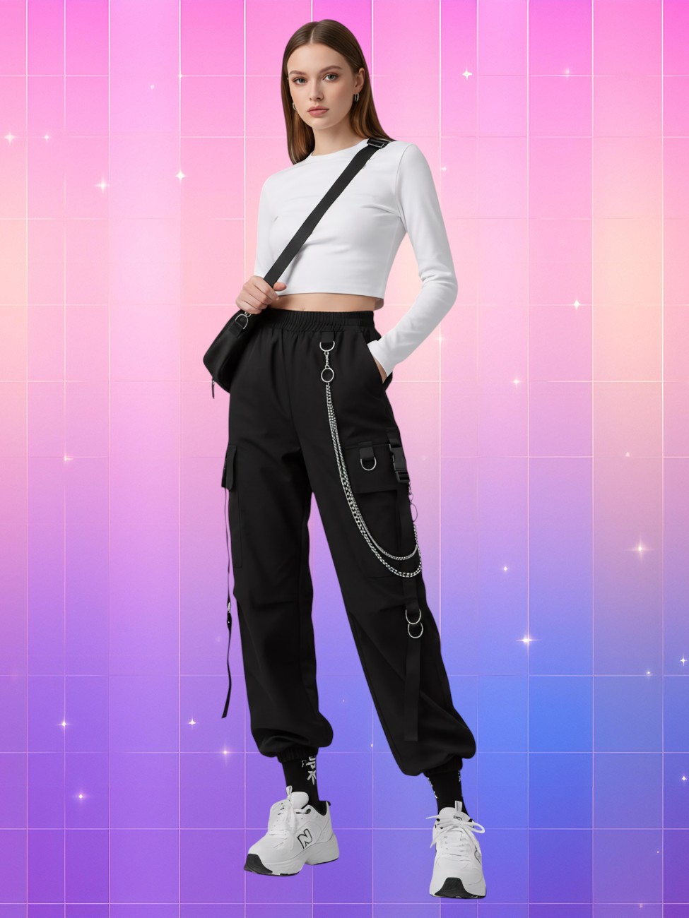 Jeune femme en pantalon coréen style K-fashion pour femme, noir avec chaînes et poches cargo, crop top blanc, fond rose violet effet futuriste.