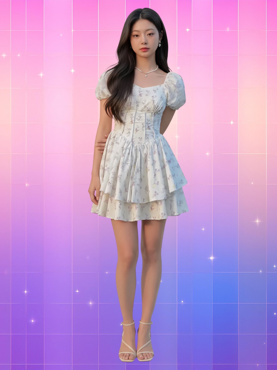 Femme asiatique portant une robe coréenne courte fleurie silhouette aérienne, manches bouffantes et jupe à volants, tons pastel, fond rose-violet doux et lumineux.