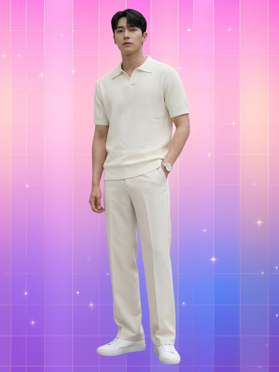 Un homme porte le t-shirt pour tenue coréenne homme élégante et minimaliste, haut écru à col fendu avec pantalon fluide assorti, sur fond rose et violet.