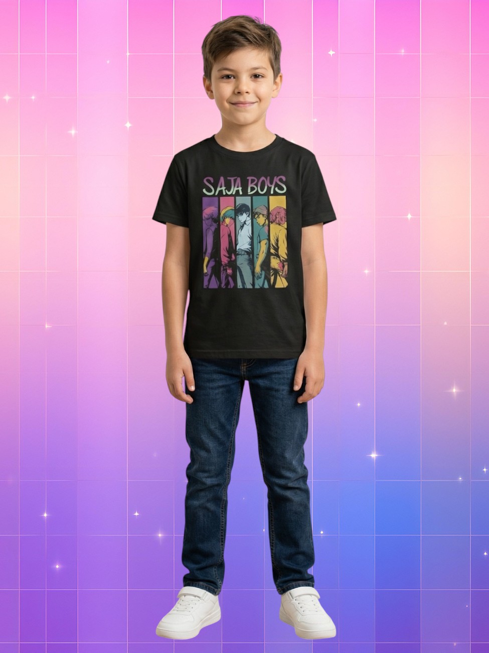 Un garçon porte le t-shirt style K-pop anime garçon avec les Saja Boys en silhouettes colorées. Fond rose-violet, posture droite, ambiance pop et mystique.