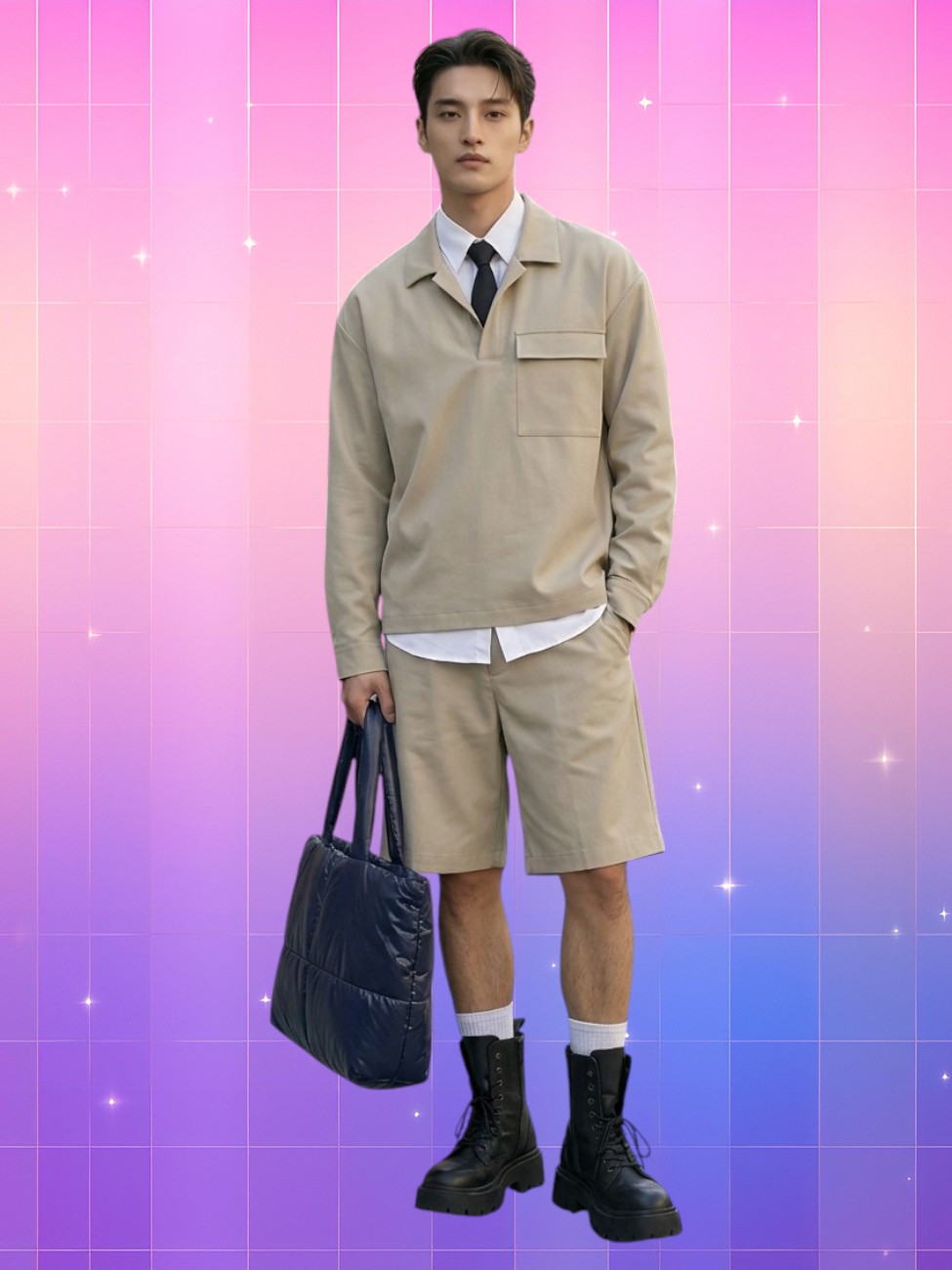 Un jeune homme porte la tenue coréenne homme look school uniform moderne, chemise droite et pantalon fluide, dans un style à la fois chic et décontracté.