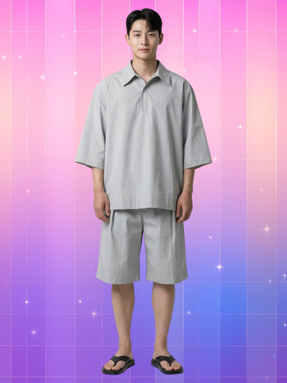 Un homme asiatique debout porte la tenue coréenne homme oversize coordonnée gris clair, chemise ample et short large, devant un fond rose-violet dégradé.
