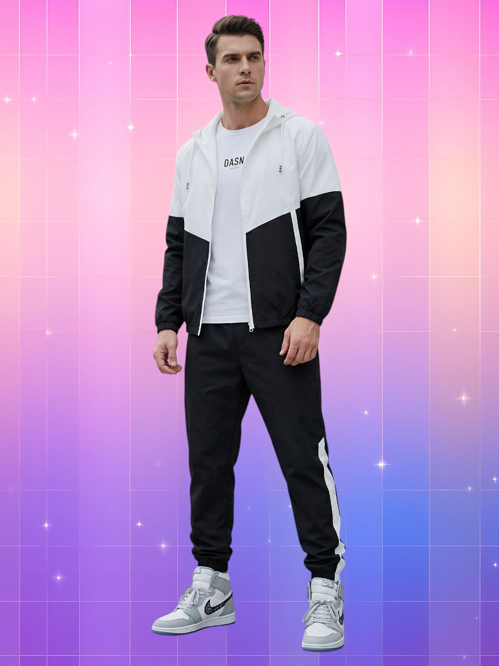 Un homme porte la tenue coréenne homme sport urbain confortable, ensemble noir et blanc à capuche avec pantalon assorti, debout sur un fond rose-violet stylisé.