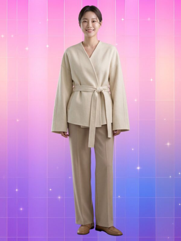 Femme souriante portant une veste kimono femme structuré beige avec ceinture nouée et pantalon assorti, sur fond rose et violet dégradé.