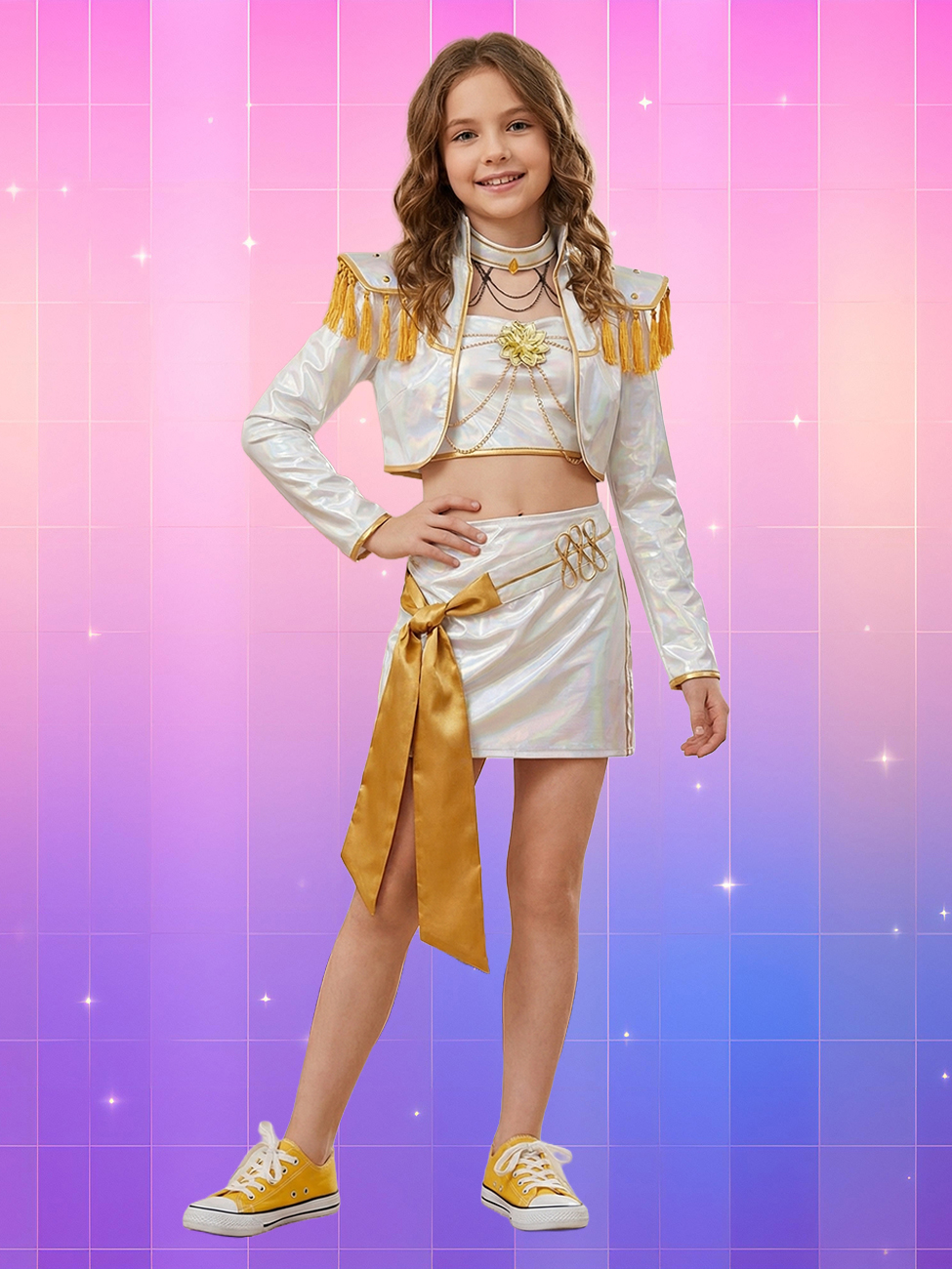Une petite fille brune portant un déguisement Kpop Demon Hunters Mira version finale, composé d'une jupe, d'un top et d'un gilet à épaulettes, dans des teintes blanches holographiques avec des détails et accessoires dorés, sur un fond artificiel coloré avec un gradient allant du rose au violet.