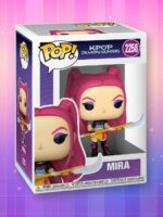 Une figurine POP Kpop Demon Hunters Mira dans son emballage, sur un fond artificiel coloré avec un gradient allant du rose au violet.