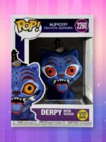 Une figurine POP Kpop Demon Hunters Derpy et Sussie dans son emballage, sur un fond artificiel coloré avec un gradian allant du rose au violet.