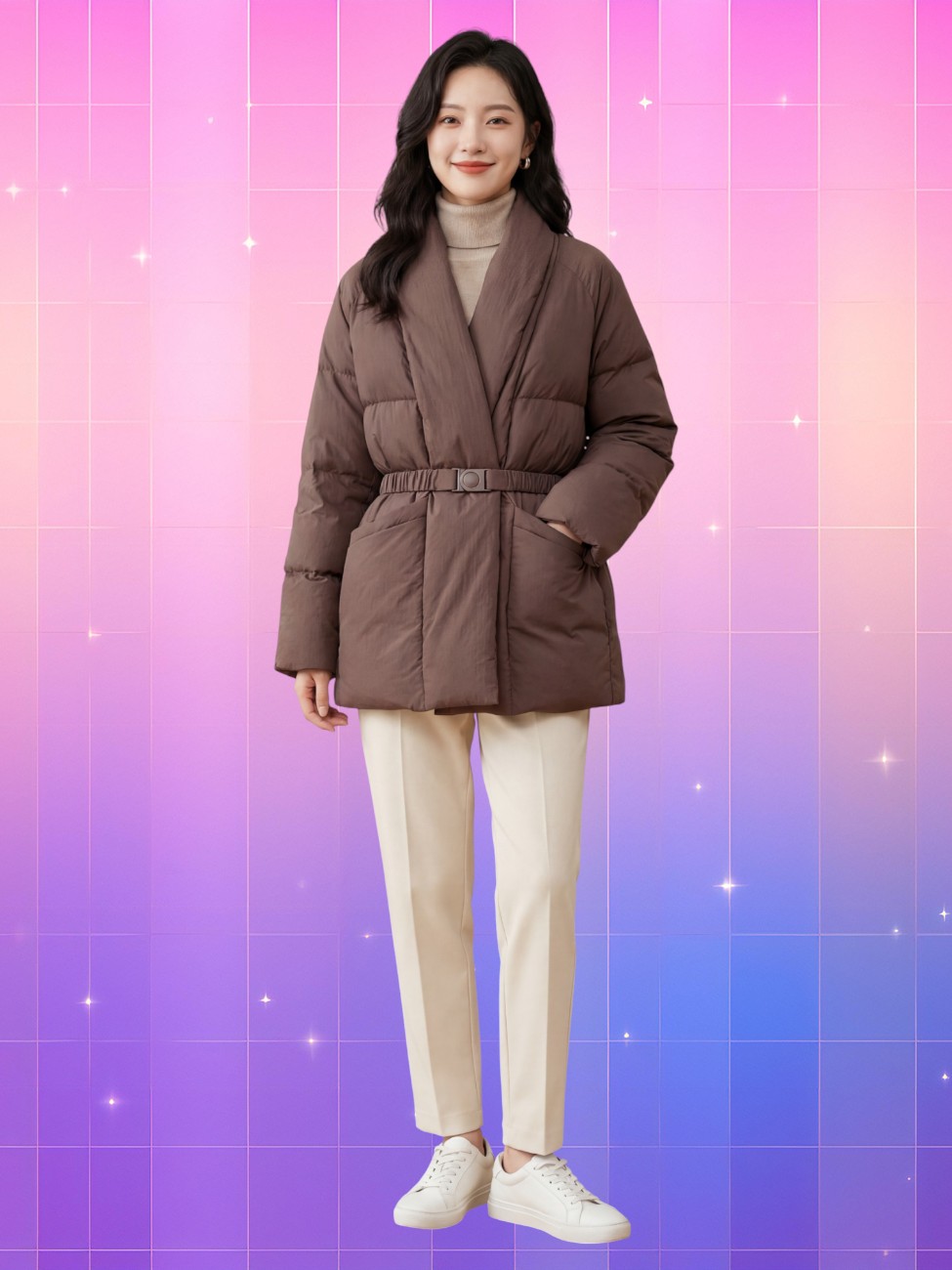 Femme souriante en manteau coréen femme ceinturé chic et doux brun, pantalon beige et baskets blanches, sur fond rose et violet lumineux à effet étoilé.