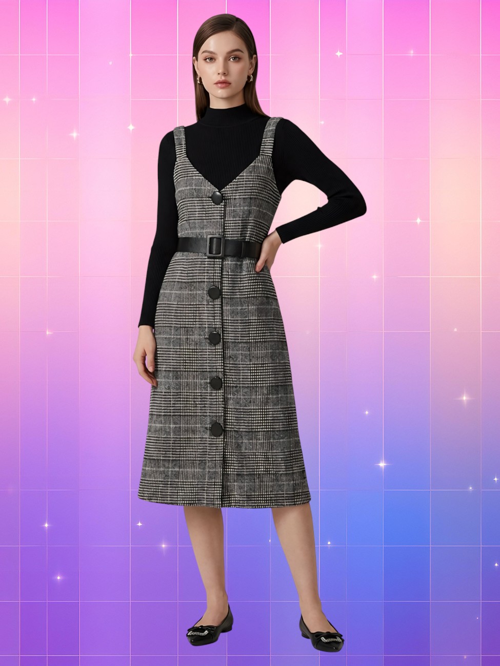 Femme portant une robe coréenne deux pièces femme chic à carreaux, col roulé noir, ceinture noire large et boutons noirs contrastants, fond rose-violet.