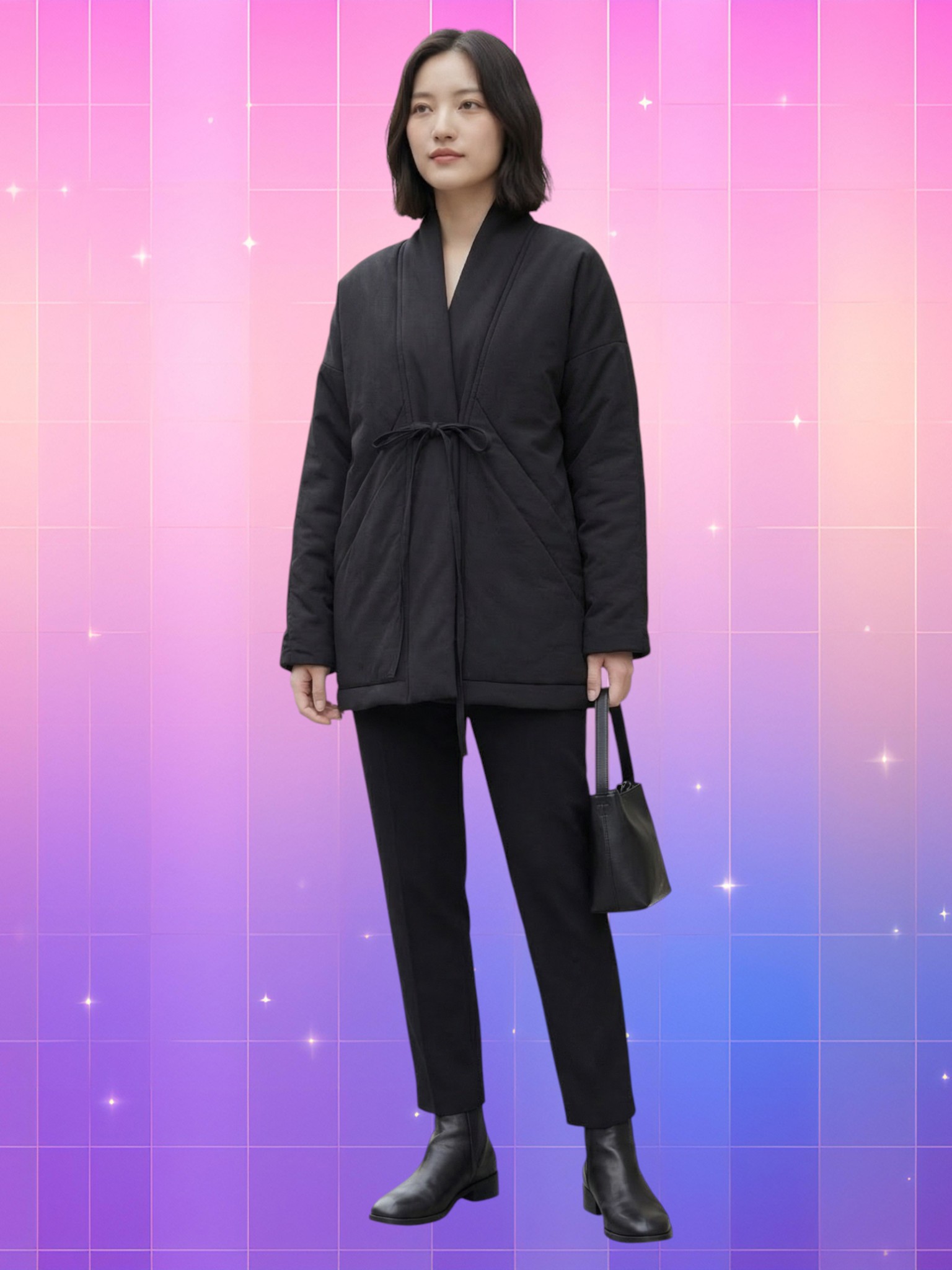Femme portant une veste kimono femme noire oversize avec pantalon droit, bottines noires et petit sac, sur fond rose-violet à effet brillant et étoilé.