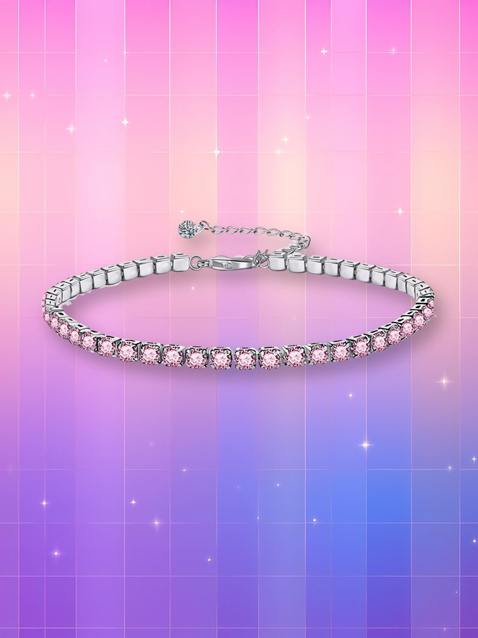 Un bijou coréen bracelet en zircon rose étincelant, composé d'une fine chaîne argentée sur un fond dégradé coloré.