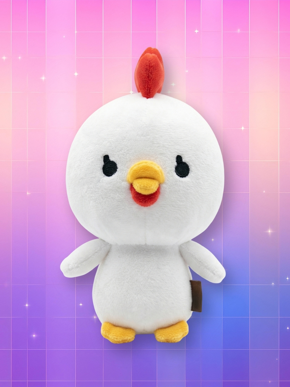 Une peluche porte-clés Day6 Denimalz - Jju représentant un poulet blanc avec de petits yeux et une crête rouge sur un fond dégradé rose et violet.