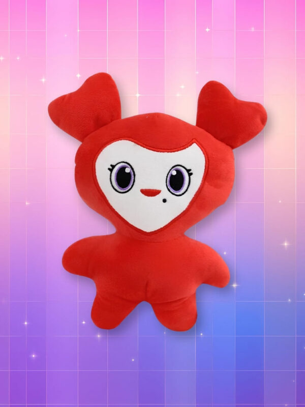 Peluche kawaii du groupe Kpop Twice de couleur rouge sur fond dégradé de rose à violet.