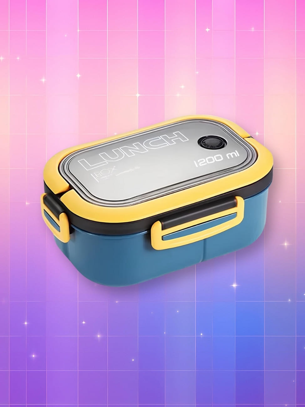 Bento coréen avec poignée et couverts rectangulaire, de couleur bleu turquoise et jaune. Sur fond dégradé de rose à violet.