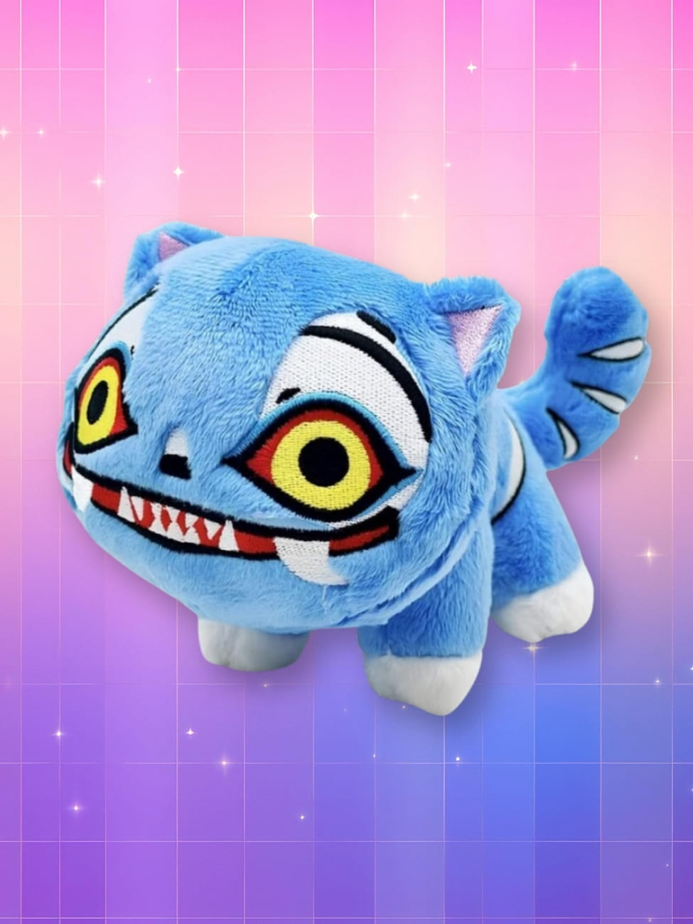 Peluche Kpop Demon Hunters Derpy le tigre rigolo sur fond dégradé de rose à violet.