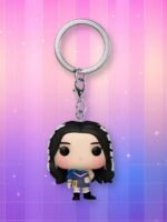 Porte-clé Kpop Jisoo Blackpink mini pop avec anneau métallique sur fond dégradé de rose à violet.