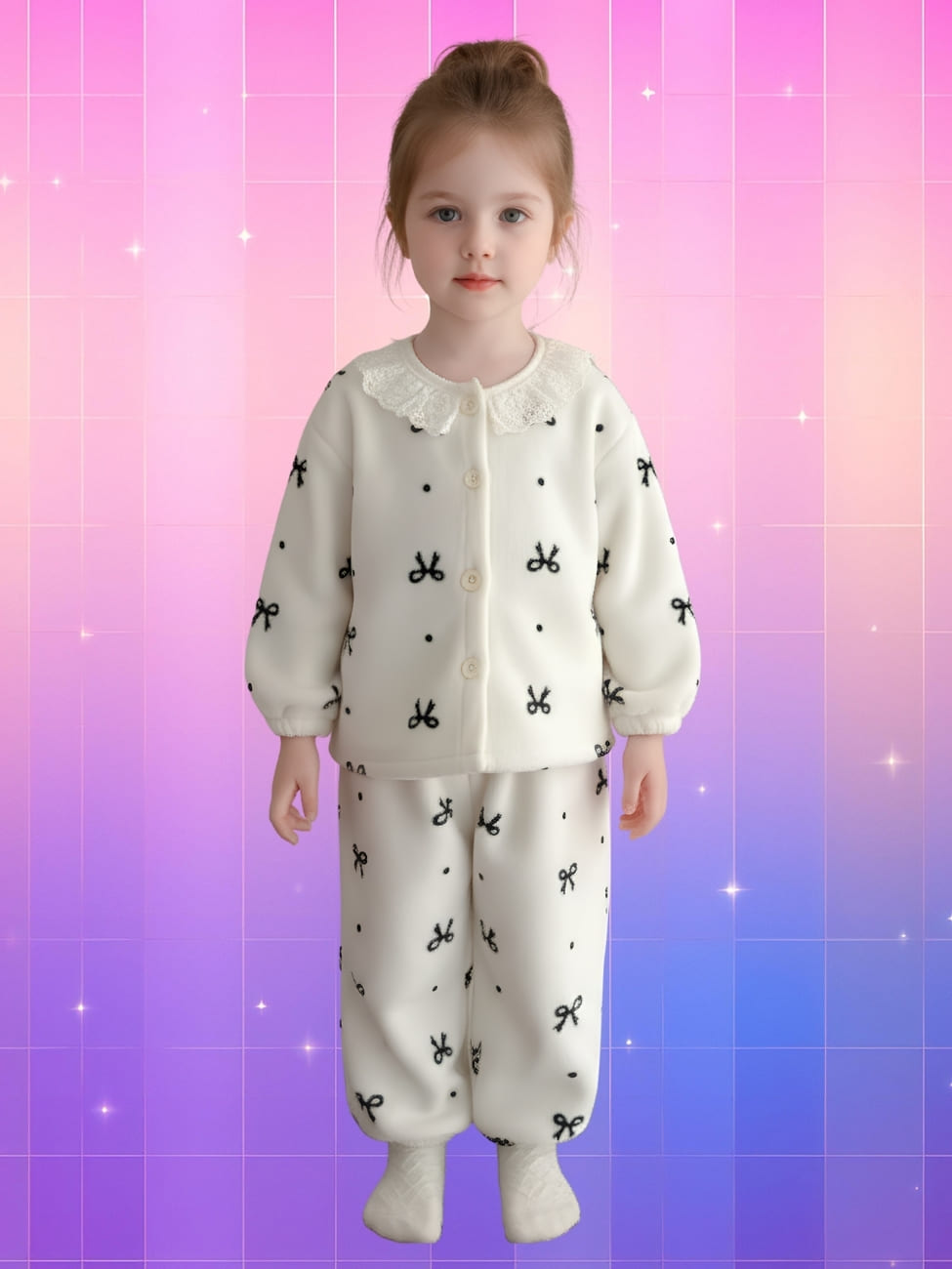 Pyjama coréen blanc avec motifs de nœuds pour fille et col en dentelle. Porté par une fille de 5 ans aux cheveux attachés sur fond dégradé de rose à violet.
